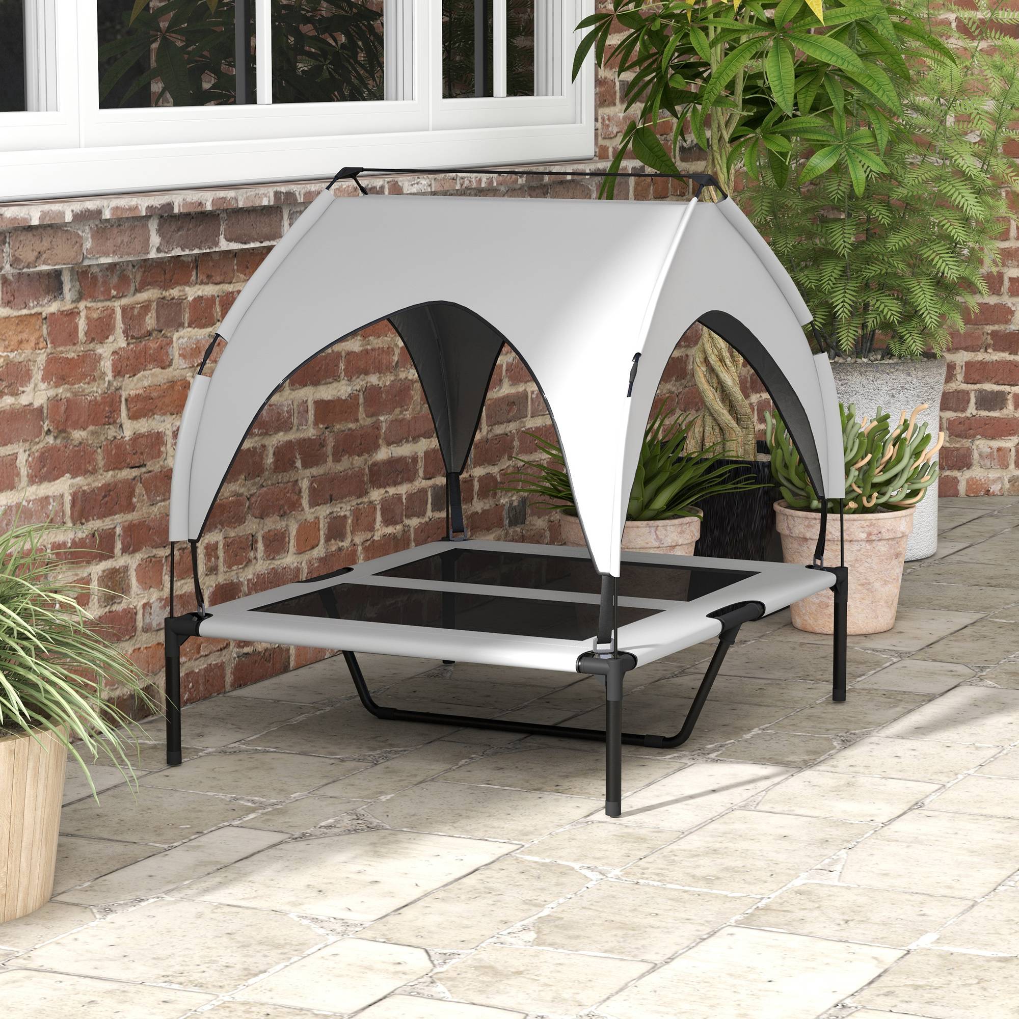 ComfortXL - Lit surélevé pour chien en acier et tissu Oxford gris clair 91 x 76 x 85 cm pour jardin avec auvent pare-soleil - Image 9
