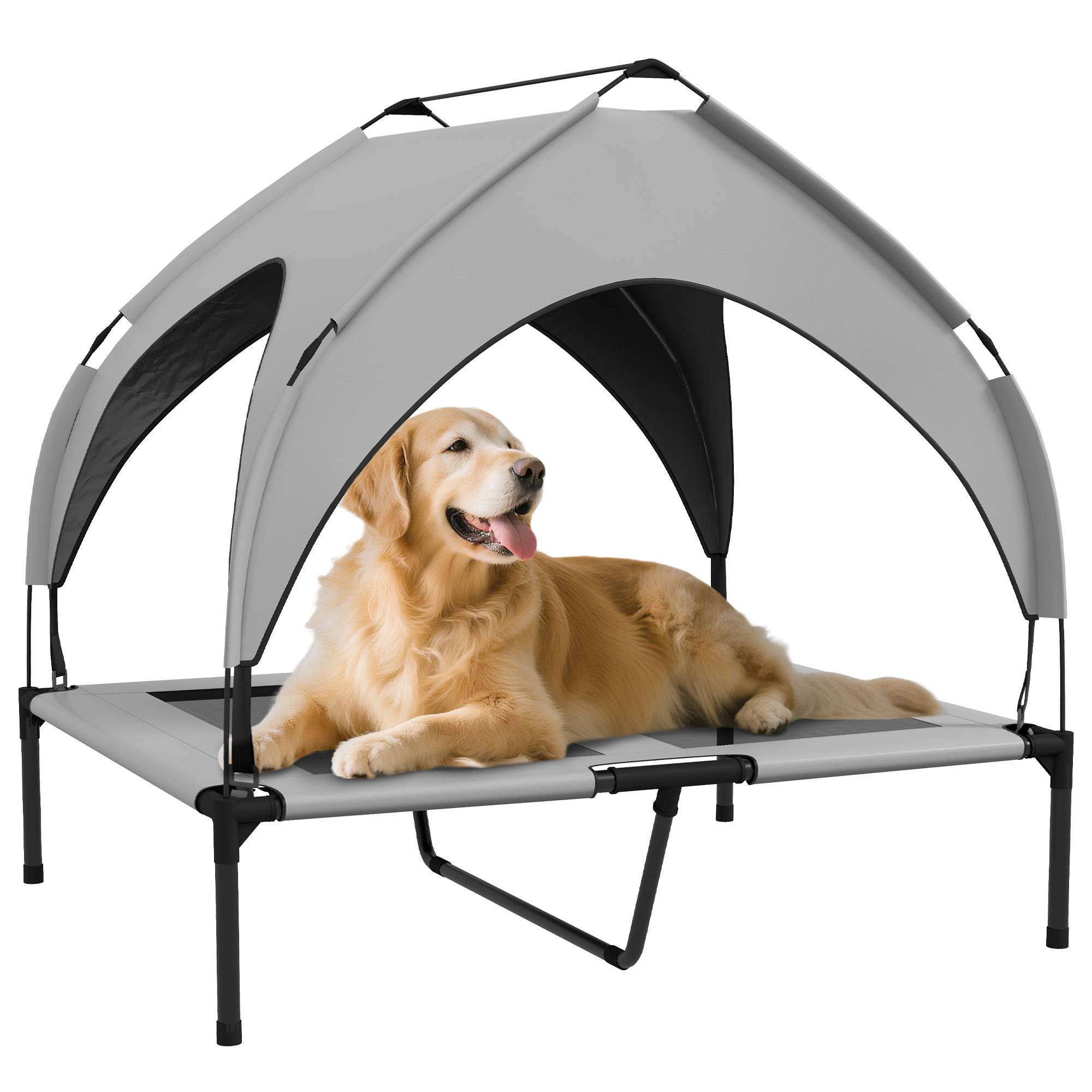 ComfortXL - Lit surélevé pour chien en acier et tissu Oxford gris clair 91 x 76 x 85 cm pour jardin avec auvent pare-soleil - Image 2