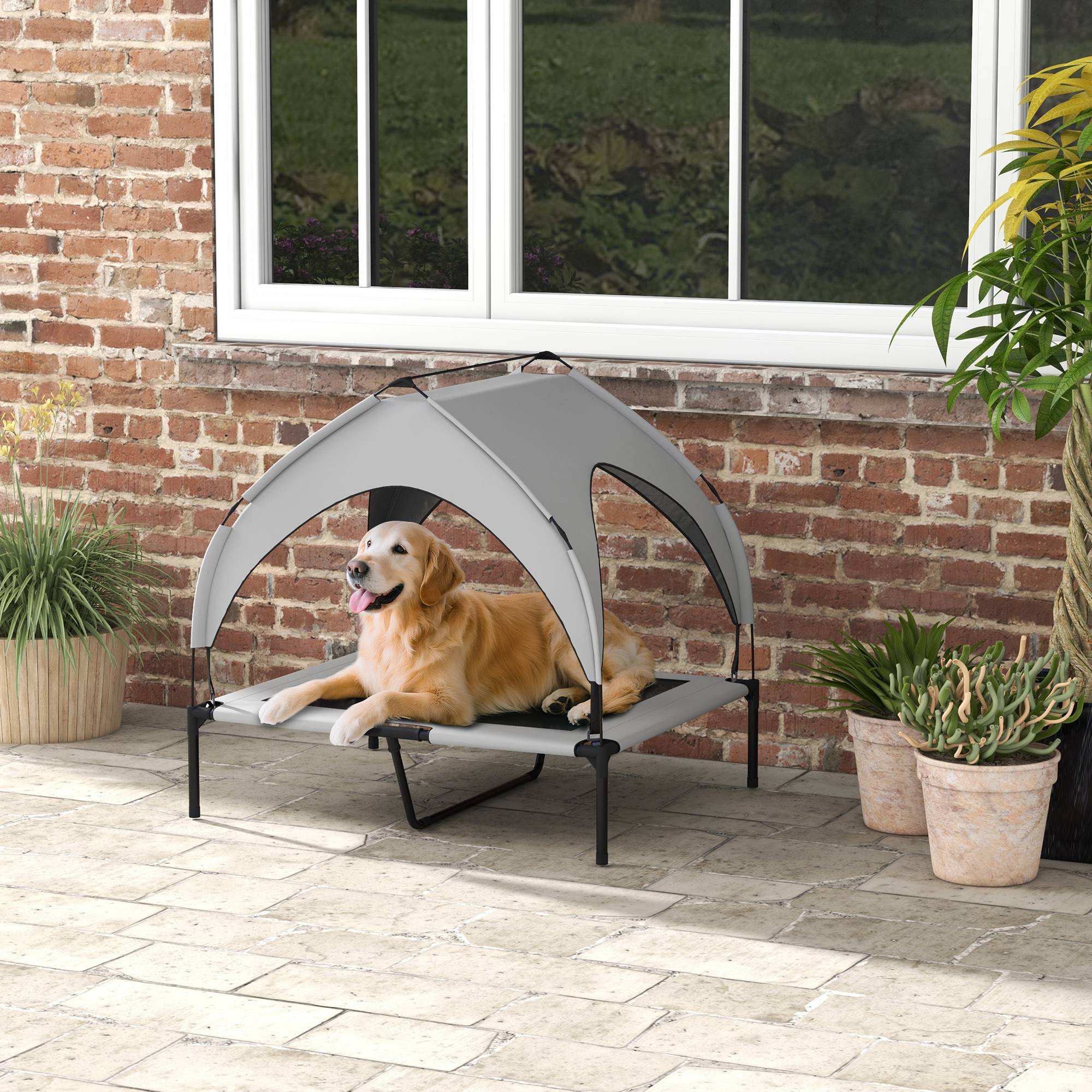 ComfortXL - Lit surélevé pour chien en acier et tissu Oxford gris clair 91 x 76 x 85 cm pour jardin avec auvent pare-soleil - Image 1