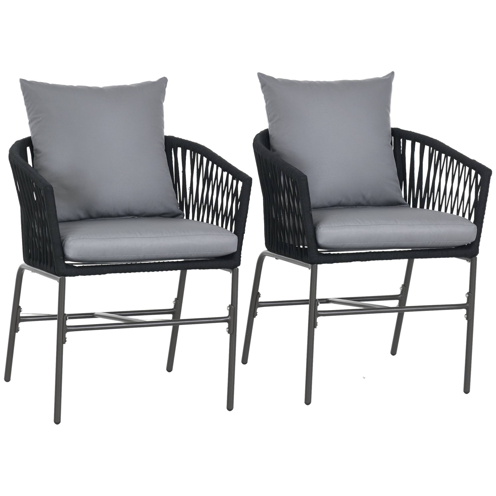 Chaises d'extérieur, lot de 2, style bohème, coussins d'assise et de dossier, coque d'assise confortable, structure en métal, noires - Image 1