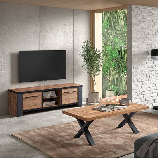 Ensemble Salon Meuble TV et Table Basse Aspect Bois Piètement X Métal Noir - ETIENNE - Image 2