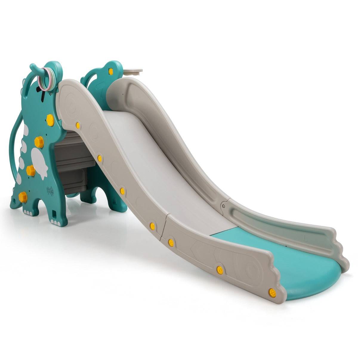 Helloshop26 - Toboggan à motif dinosaure 4 en 1 pour bébé avec jeu de lancer d'anneaux de basket-ball pente de glissement extra longue vert + gris - Image 1