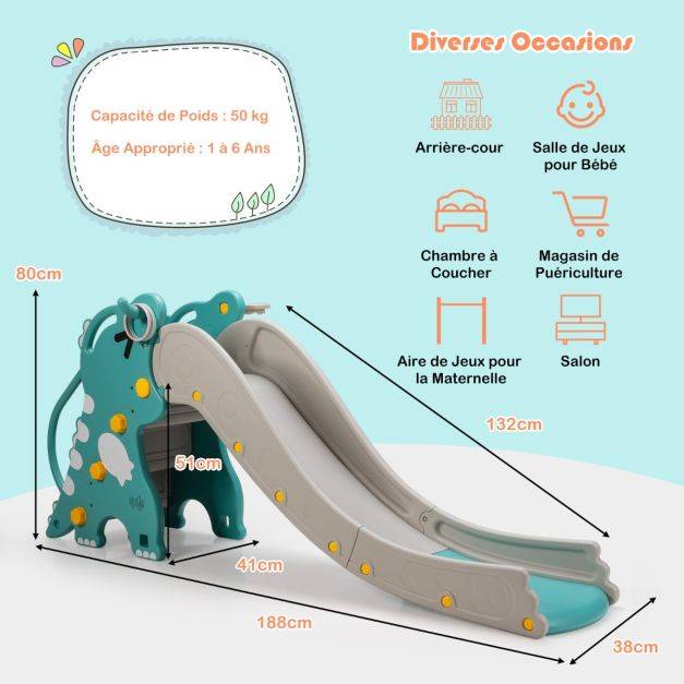 Helloshop26 - Toboggan à motif dinosaure 4 en 1 pour bébé avec jeu de lancer d'anneaux de basket-ball pente de glissement extra longue vert + gris - Image 4
