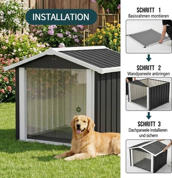 Niche pour chien Métal Extérieur grand chien Toit incliné étanche 102x91x84cm Gris - ComfortXL Outdoor Living - Image 6