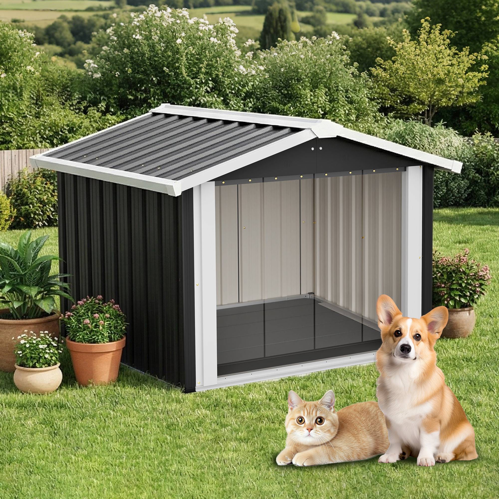 Niche pour chien Métal Extérieur grand chien Toit incliné étanche 102x91x84cm Gris - ComfortXL Outdoor Living - Image 1