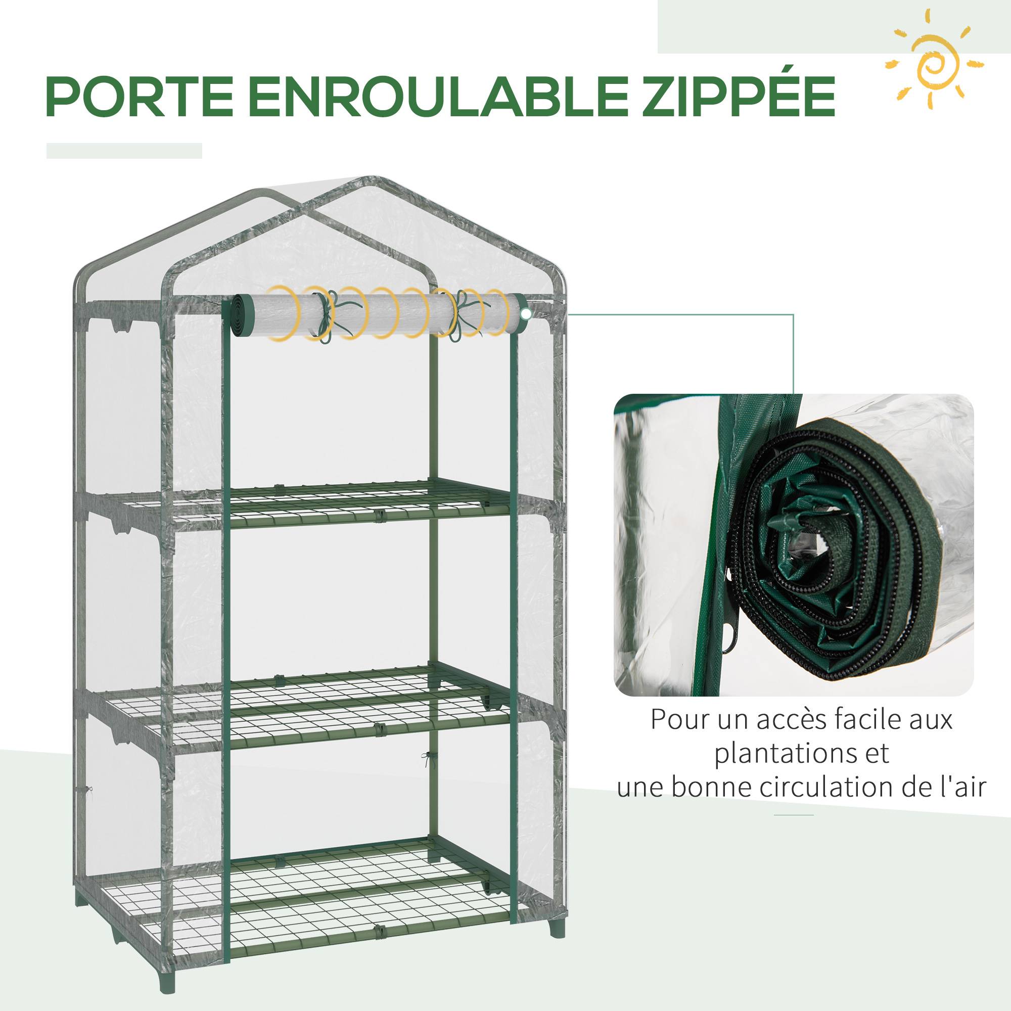 Serre de jardin 3 niveaux 69x49x125 cm avec étagères, bâche PVC renforcée, structure acier, porte zippée, plantes et fleurs - Image 7