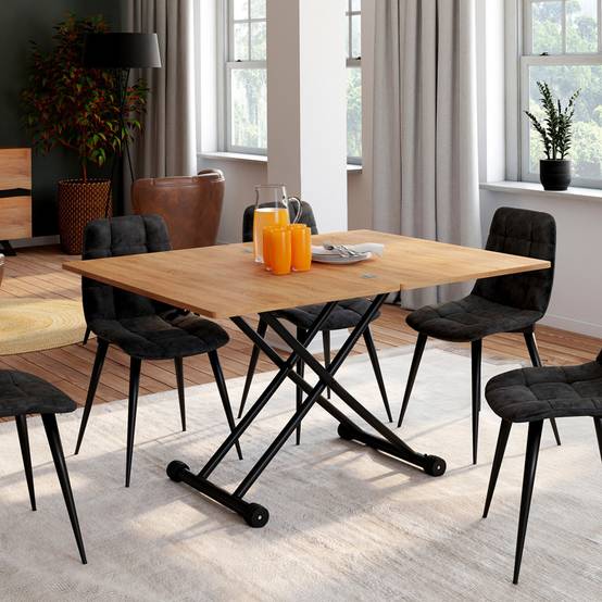 Table basse 2 en 1 relevable en table à manger rectangulaire URBANA 100 cm bois et noir design industriel - Image 5