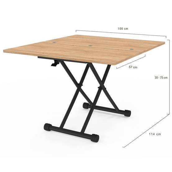 Table basse 2 en 1 relevable en table à manger rectangulaire URBANA 100 cm bois et noir design industriel - Image 8