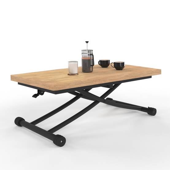 Table basse 2 en 1 relevable en table à manger rectangulaire URBANA 100 cm bois et noir design industriel - Image 2