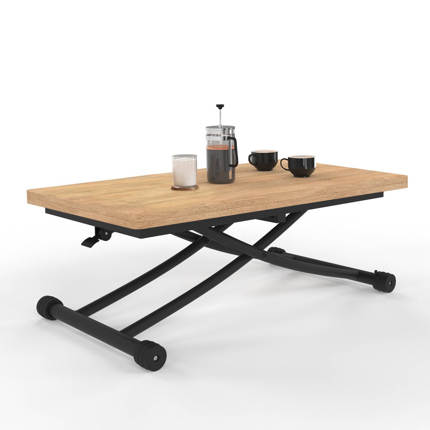 Table basse 2 en 1 relevable en table à manger rectangulaire URBANA 100 cm bois et noir design industriel - Image 2