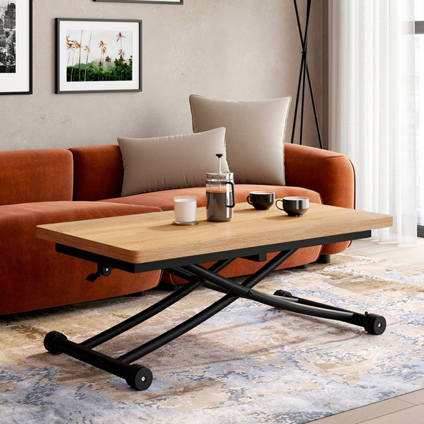 Table basse 2 en 1 relevable en table à manger rectangulaire URBANA 100 cm bois et noir design industriel - Image 1