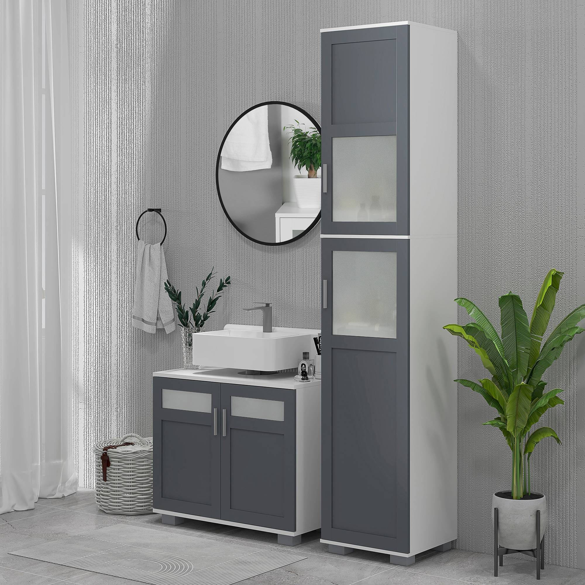 Armoire salle de bain avec portes en verre trempé et étagères réglables, meuble rangement grande capacité blanc gris 37x35x190 cm - Image 3