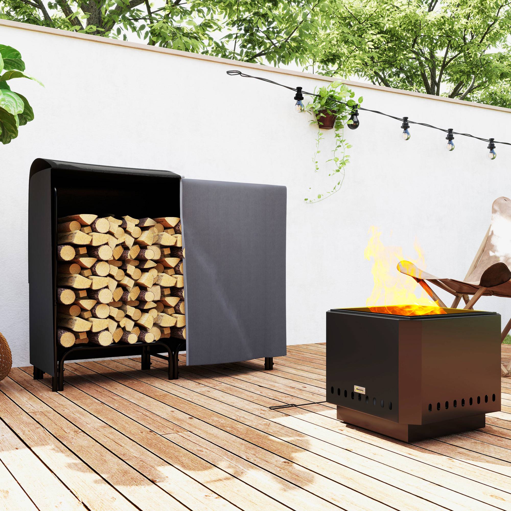 ComfortXL - Range-bûches en métal noir 120 x 36 x 99 cm pour bois de chauffage avec housse imperméable et sac de transport - Image 1