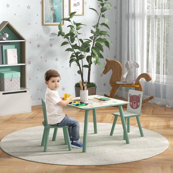 Groupe d'assise enfant 3-8 ans, 1 table et 2 chaises, mignon motif animal, vert - Image 3