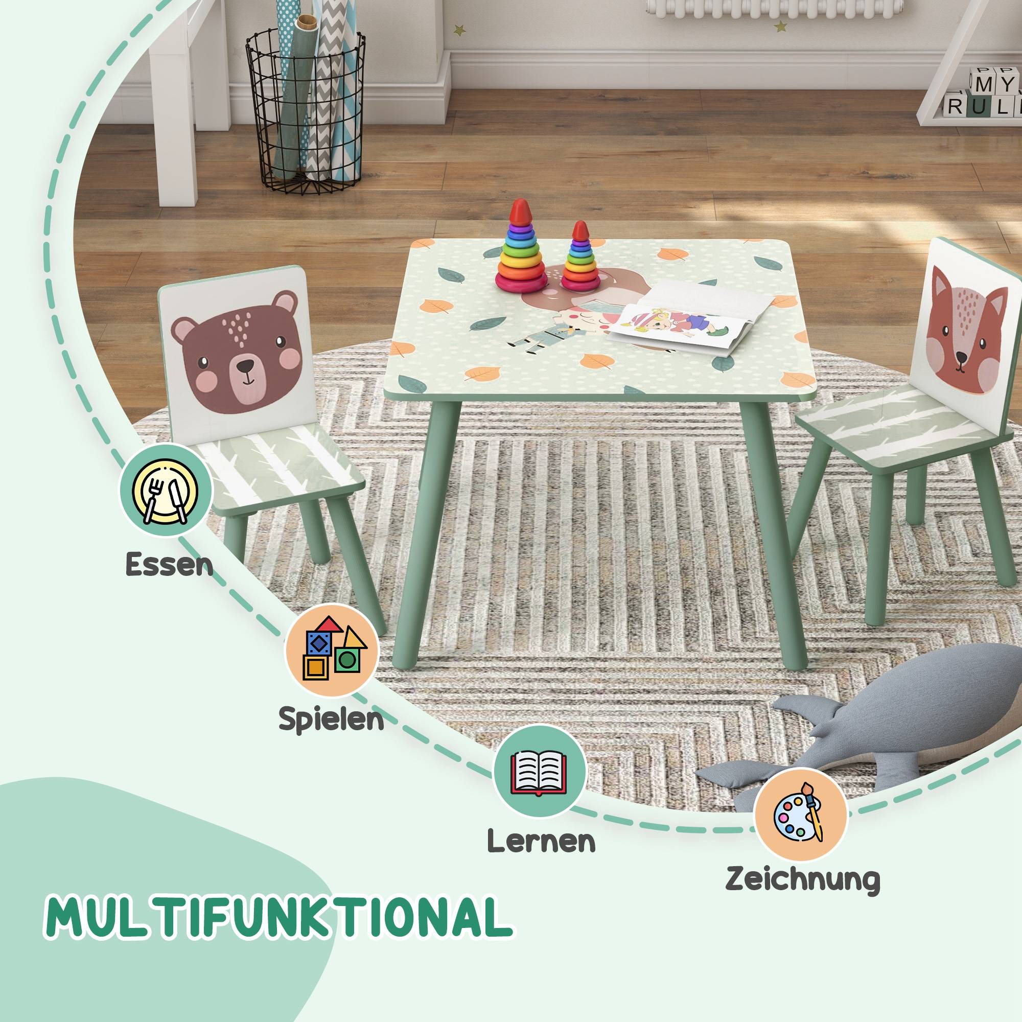 Groupe d'assise enfant 3-8 ans, 1 table et 2 chaises, mignon motif animal, vert - Image 6