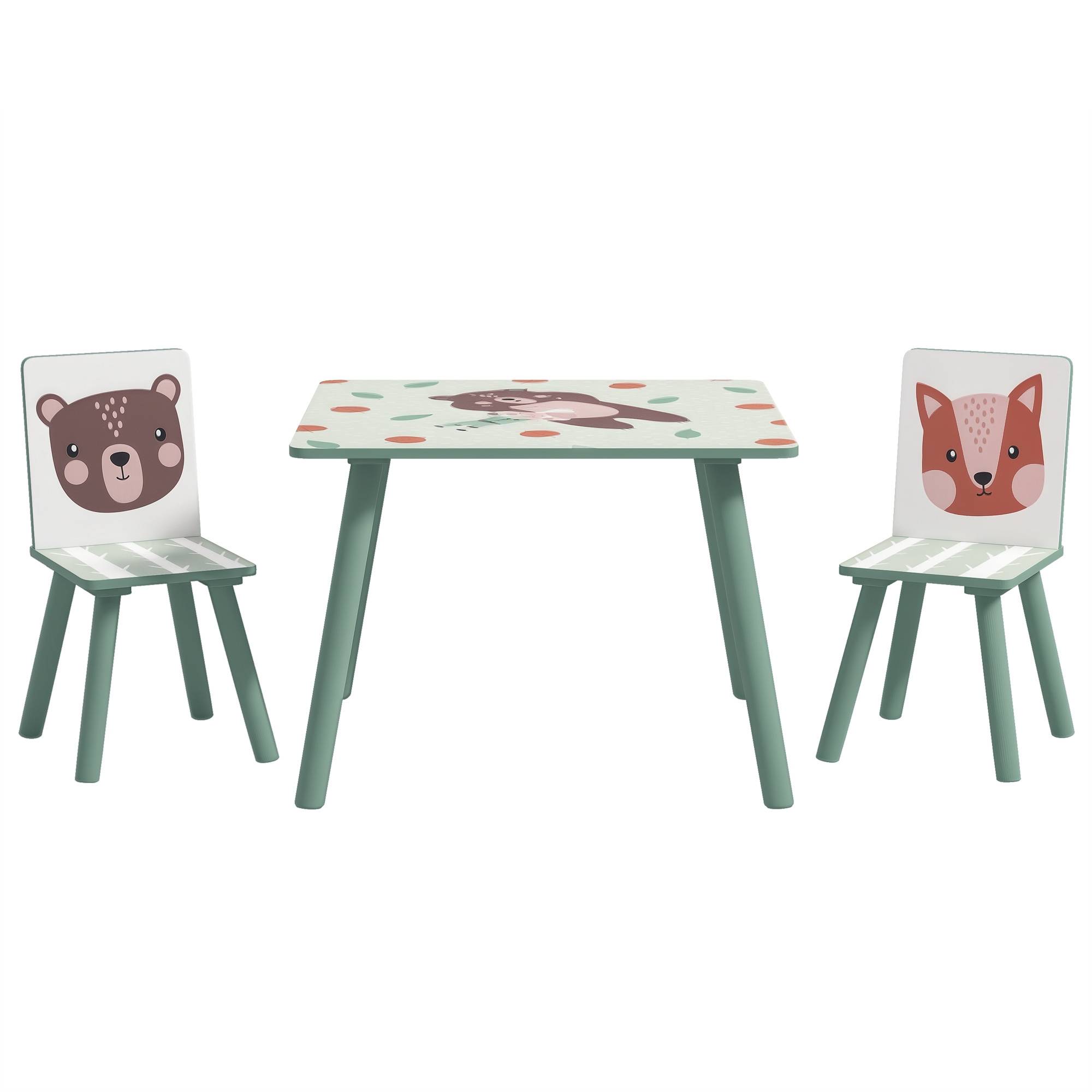 Groupe d'assise enfant 3-8 ans, 1 table et 2 chaises, mignon motif animal, vert - Image 1