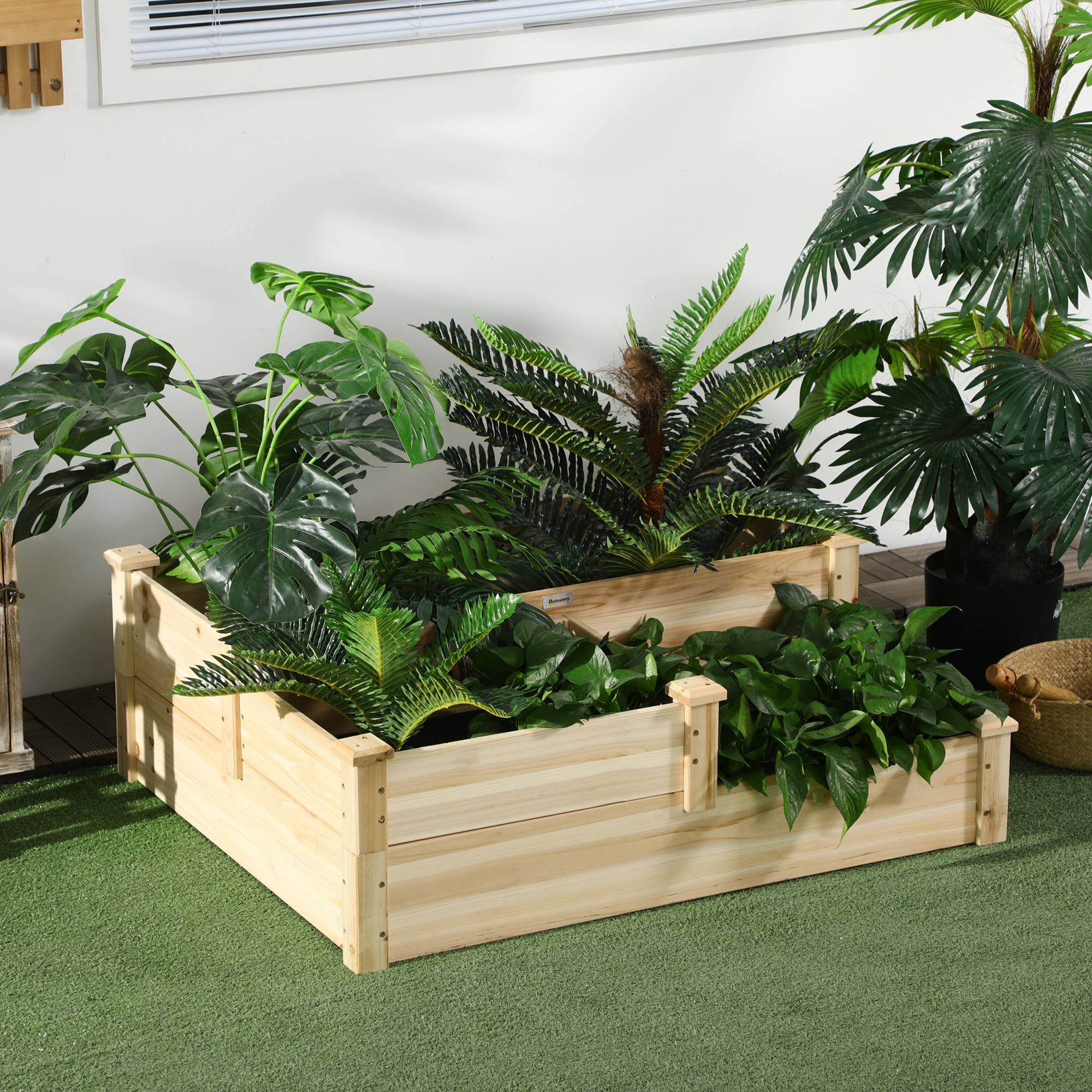 Sans Marque - Carré potager en bois jardinière extérieure en escalier 3 niveaux design sans fond 108 x 88 x 36 cm bois naturel - Image 3