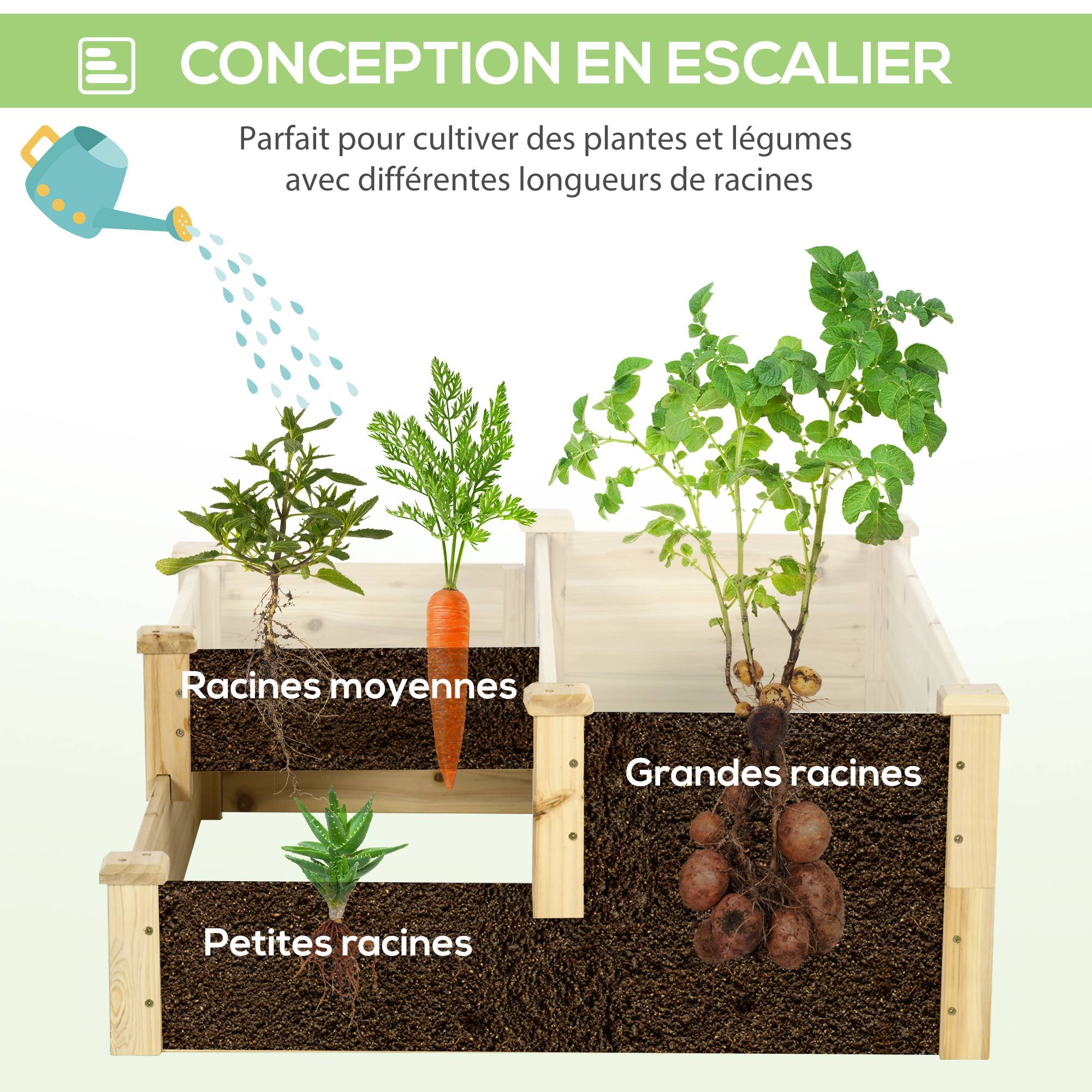 Sans Marque - Carré potager en bois jardinière extérieure en escalier 3 niveaux design sans fond 108 x 88 x 36 cm bois naturel - Image 8