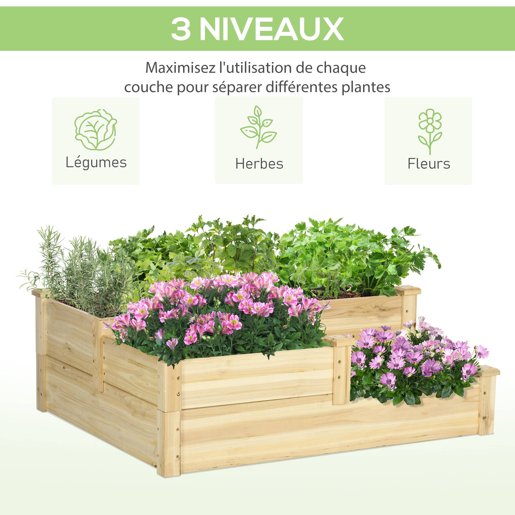 Sans Marque - Carré potager en bois jardinière extérieure en escalier 3 niveaux design sans fond 108 x 88 x 36 cm bois naturel - Image 6