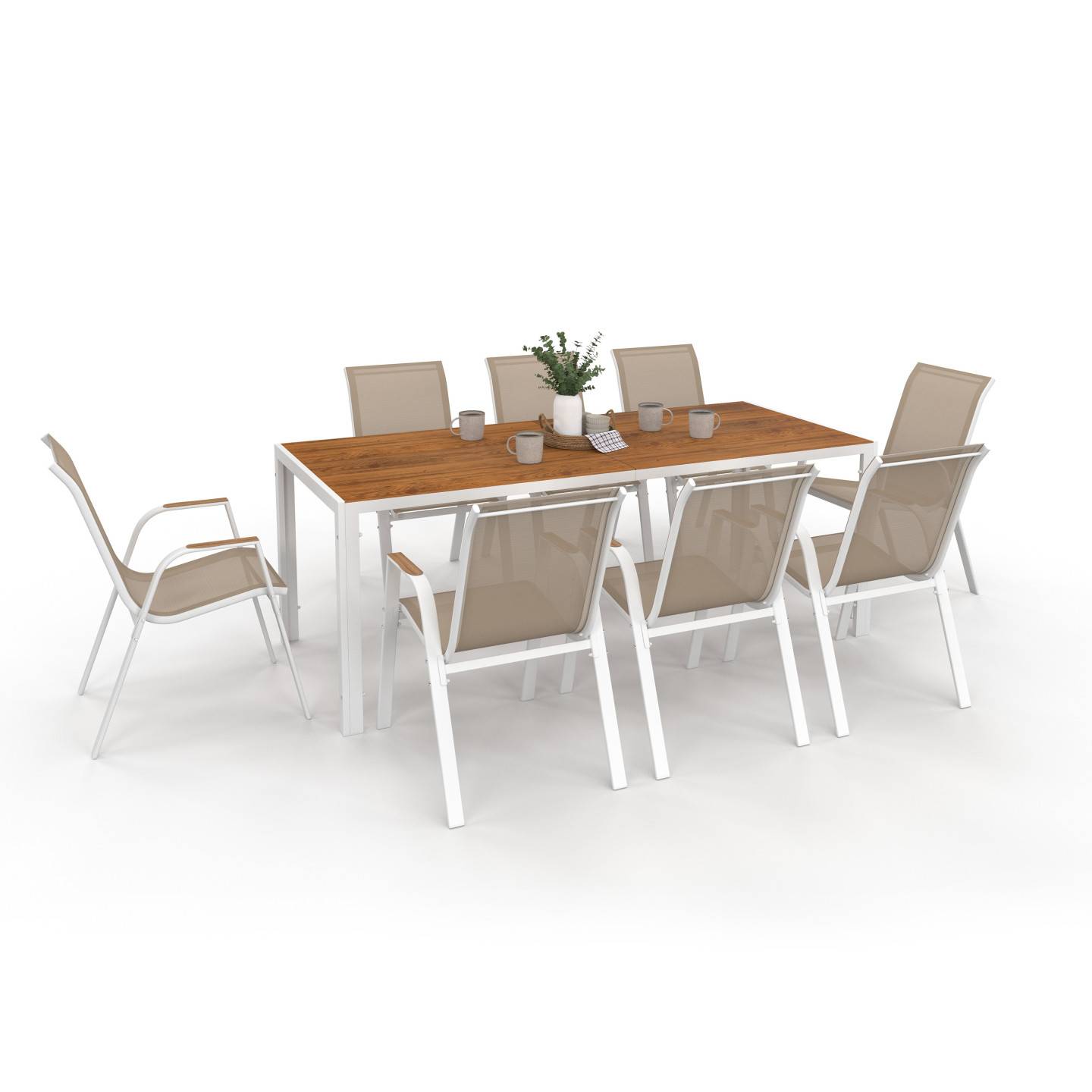 Salon de jardin NOUMEA table 190 cm plateau verre trempé effet bois et 8 chaises empilables blanc et bois - Image 2
