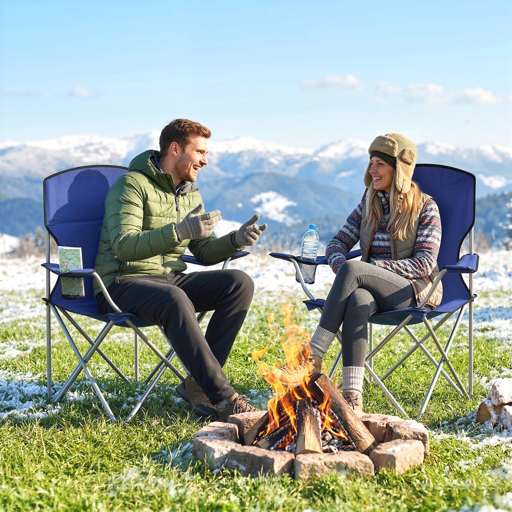 Lot de 2 chaises camping pliantes avec porte-gobelet, sac de transport et dossier haut 88x57x97 cm bleu foncé - Image 4
