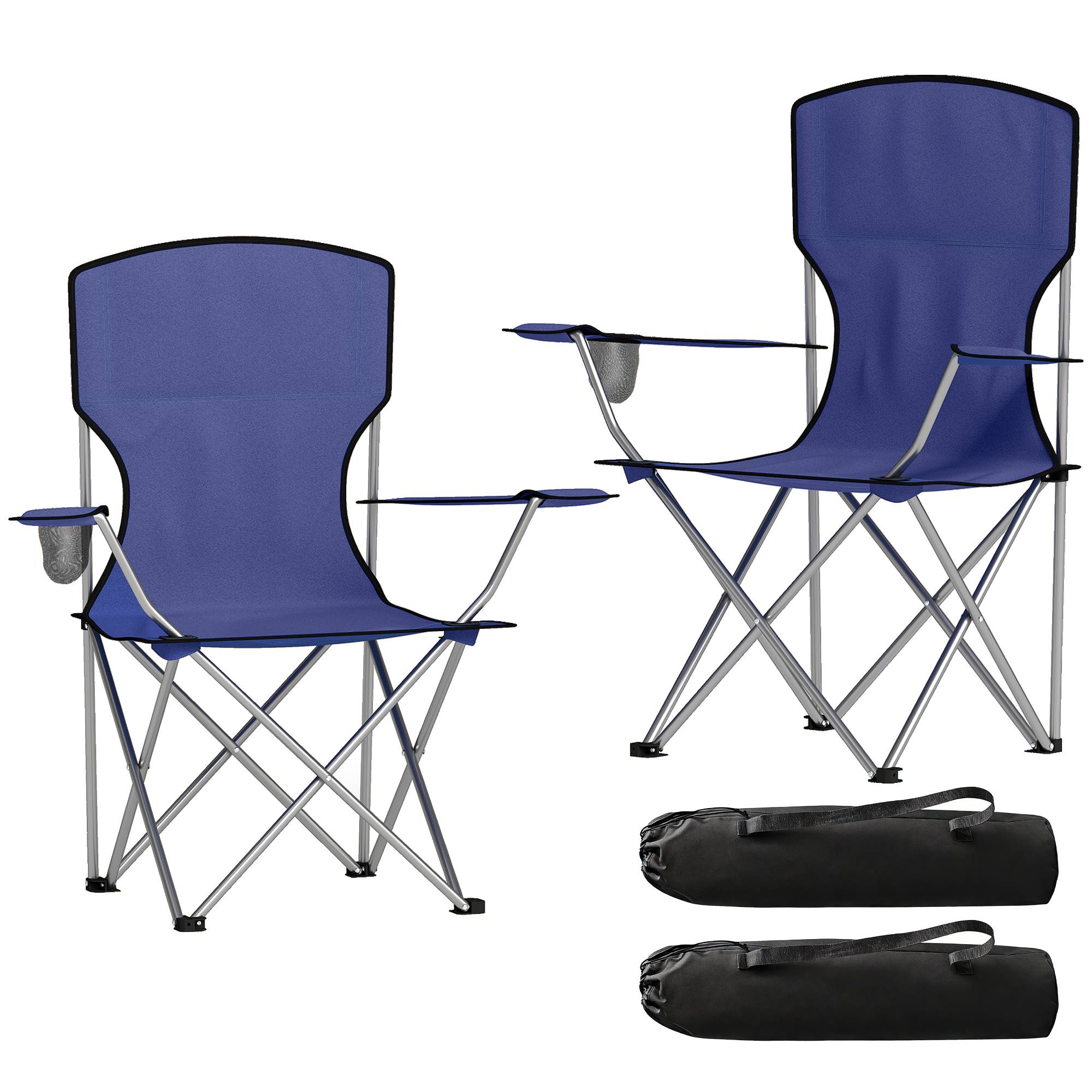 Lot de 2 chaises camping pliantes avec porte-gobelet, sac de transport et dossier haut 88x57x97 cm bleu foncé - Image 2