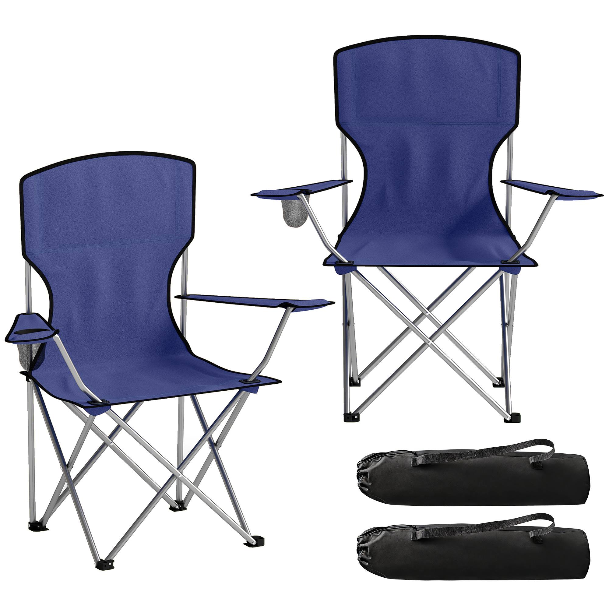 Lot de 2 chaises camping pliantes avec porte-gobelet, sac de transport et dossier haut 88x57x97 cm bleu foncé - Image 1
