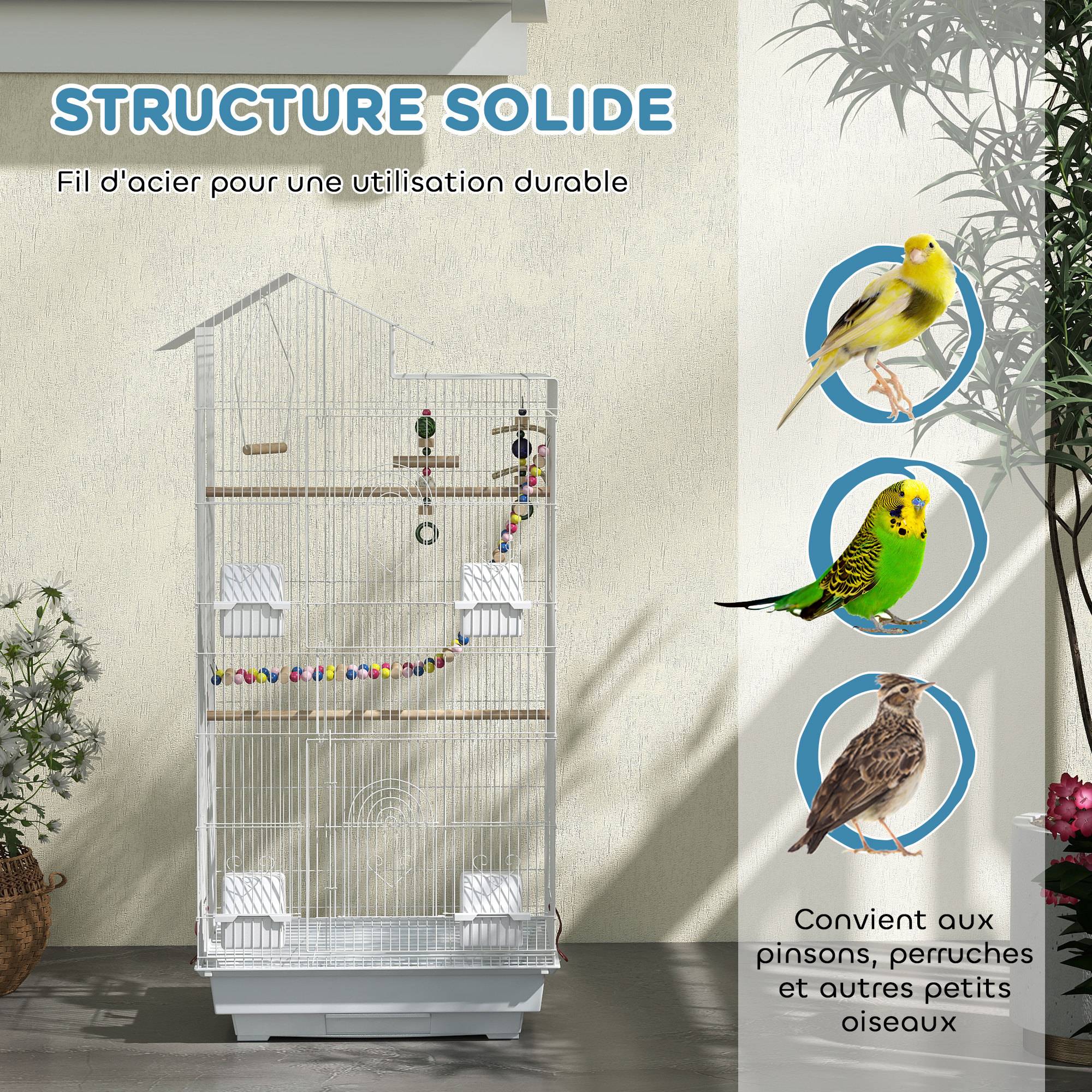Sans Marque - Cage à oiseaux 46 x 36 x 100 cm 4 mangeoires 3 perchoirs cage pour perruche calopsitte conure pinson canaris - Image 8