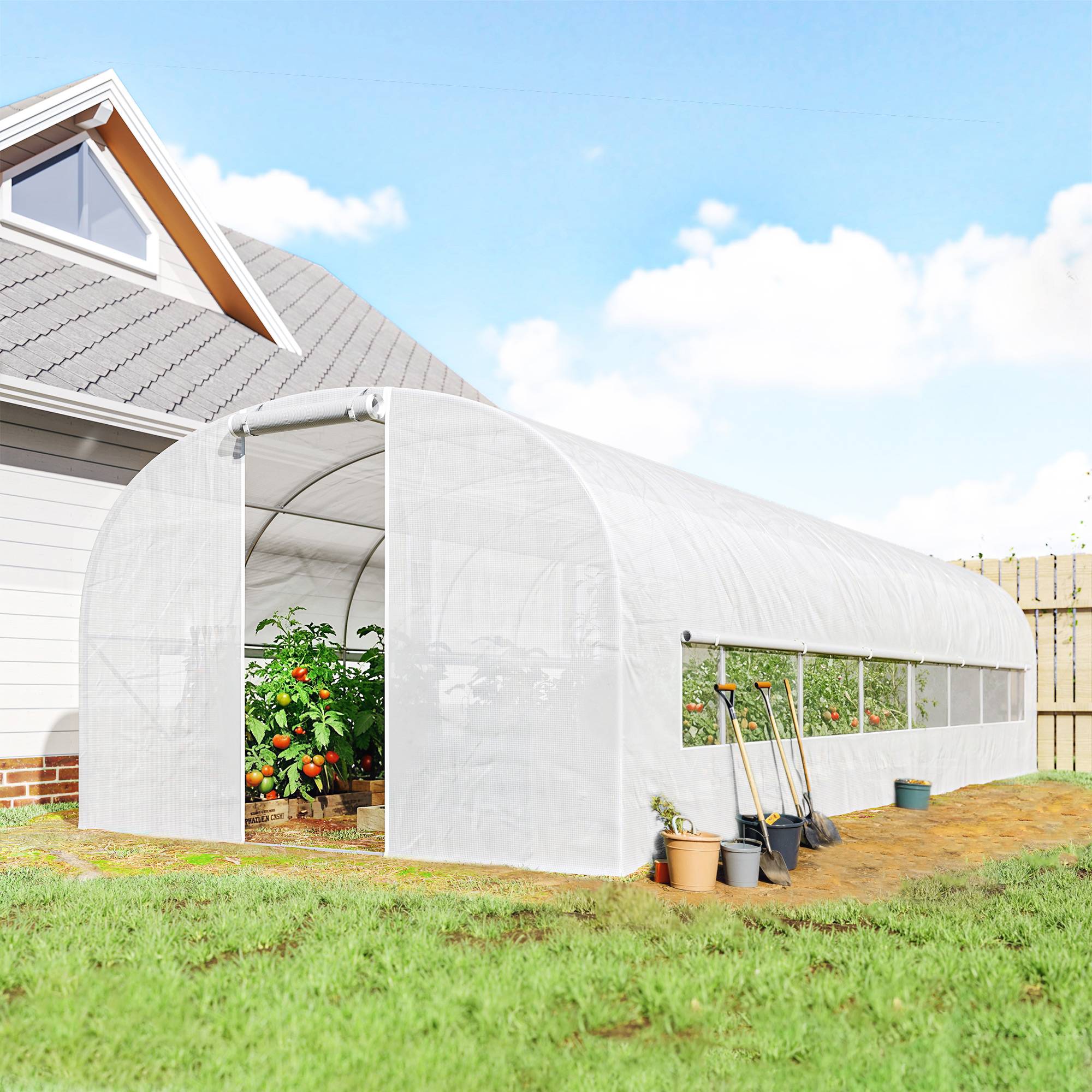 Sans Marque - Serre tunnel de jardin 24m², serre de jardin tunnel avec cadre en acier galvanisé, portes et 2 grandes fenêtres, blanc - Image 3