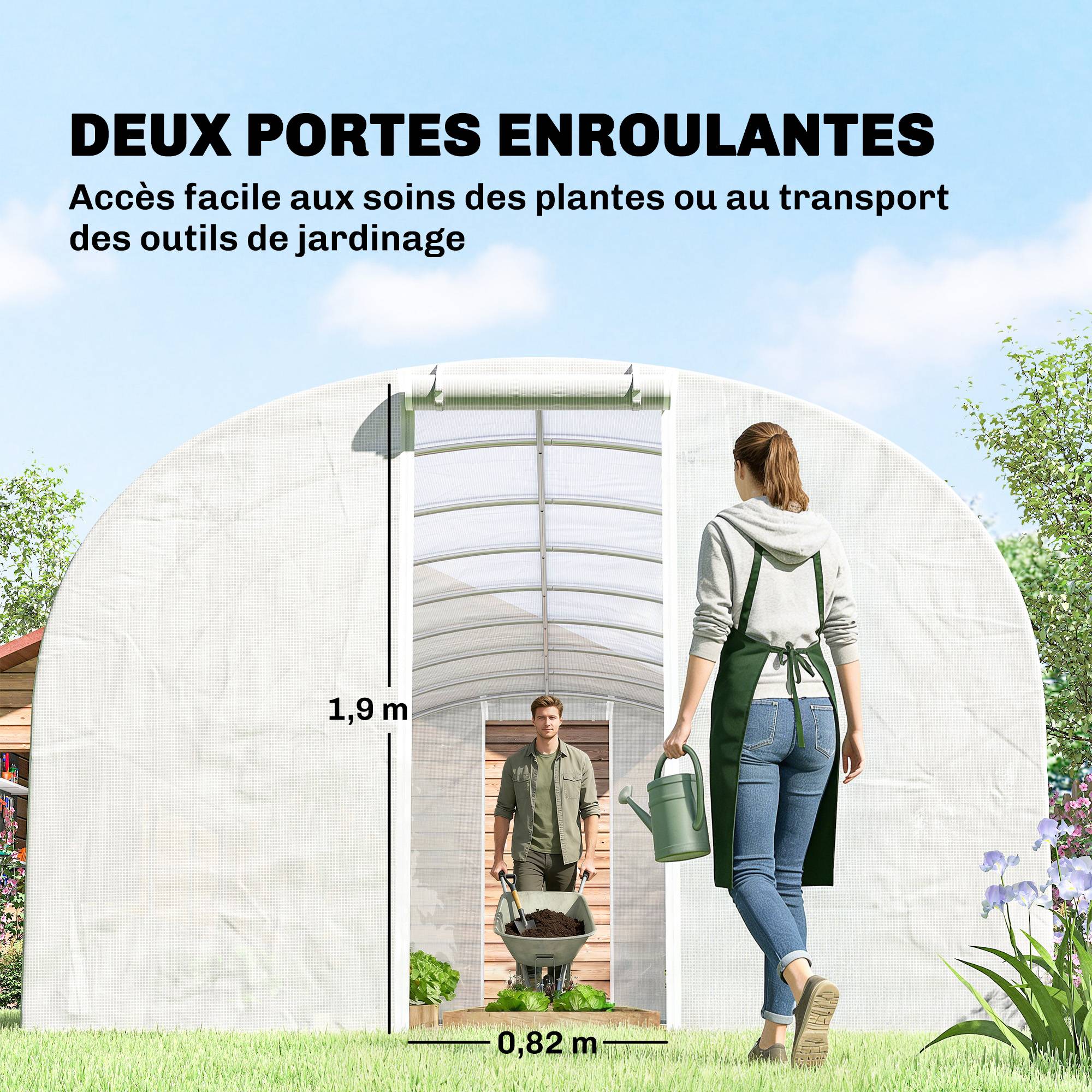 Sans Marque - Serre tunnel de jardin 24m², serre de jardin tunnel avec cadre en acier galvanisé, portes et 2 grandes fenêtres, blanc - Image 9
