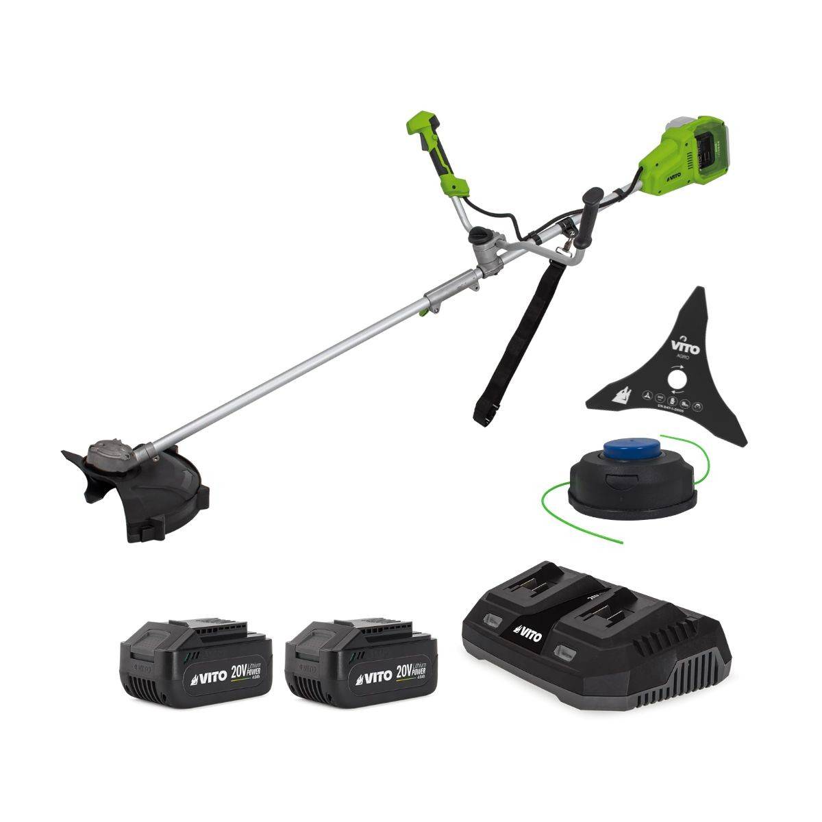 Débroussailleuse et Coupe bordure 40V 2 Batteries Lithium 4.0 Ah + Chargeur Double Lame 3 dents Bobine de fil + Harnais VITO - Image 1