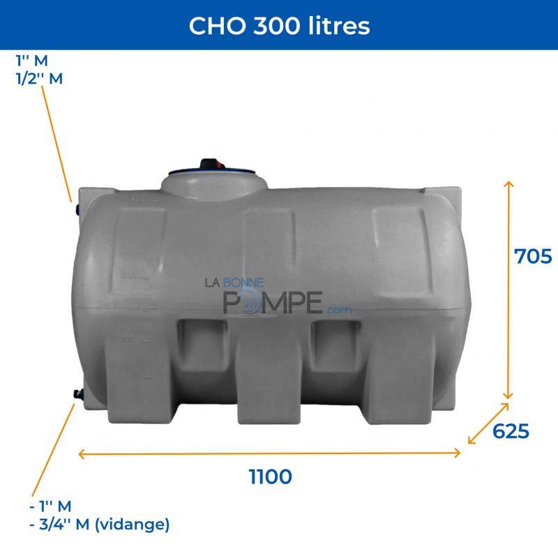 Cuve récupération eau de pluie 300L - Réservoir aérien horizontal Gris - Polyéthylène - ELBI CHO - Image 2