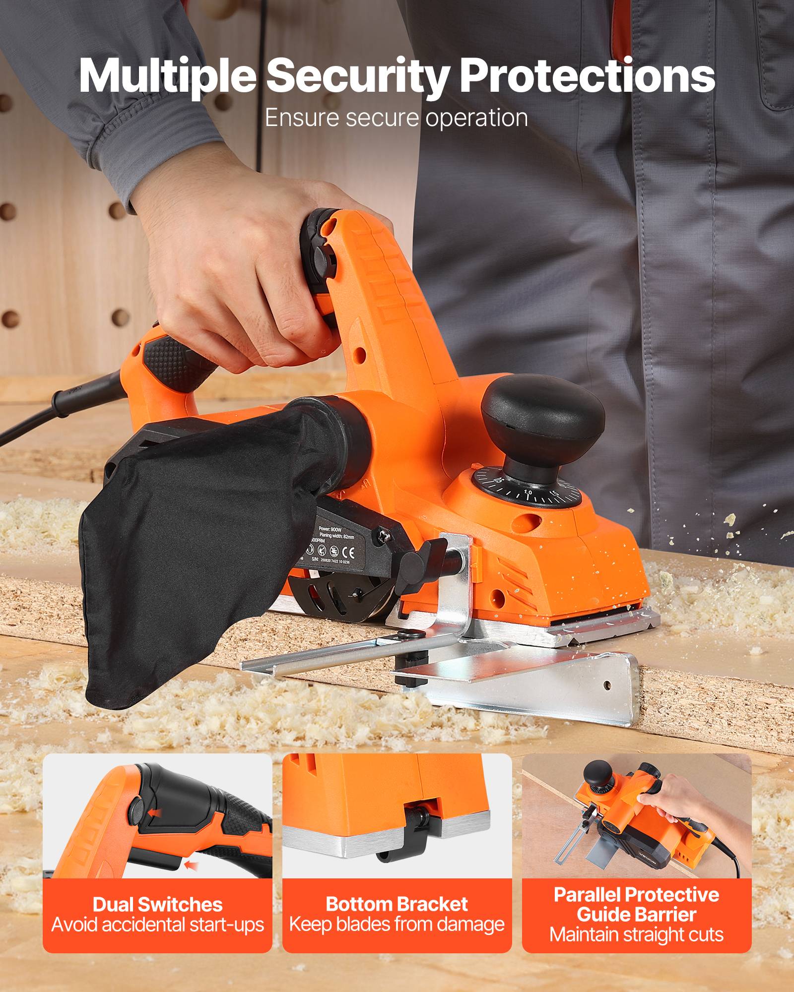 VEVOR Rabot Électrique Filaire Raboteuse à Bois à Main 82 mm 900 W 14500 tr/min - Image 5