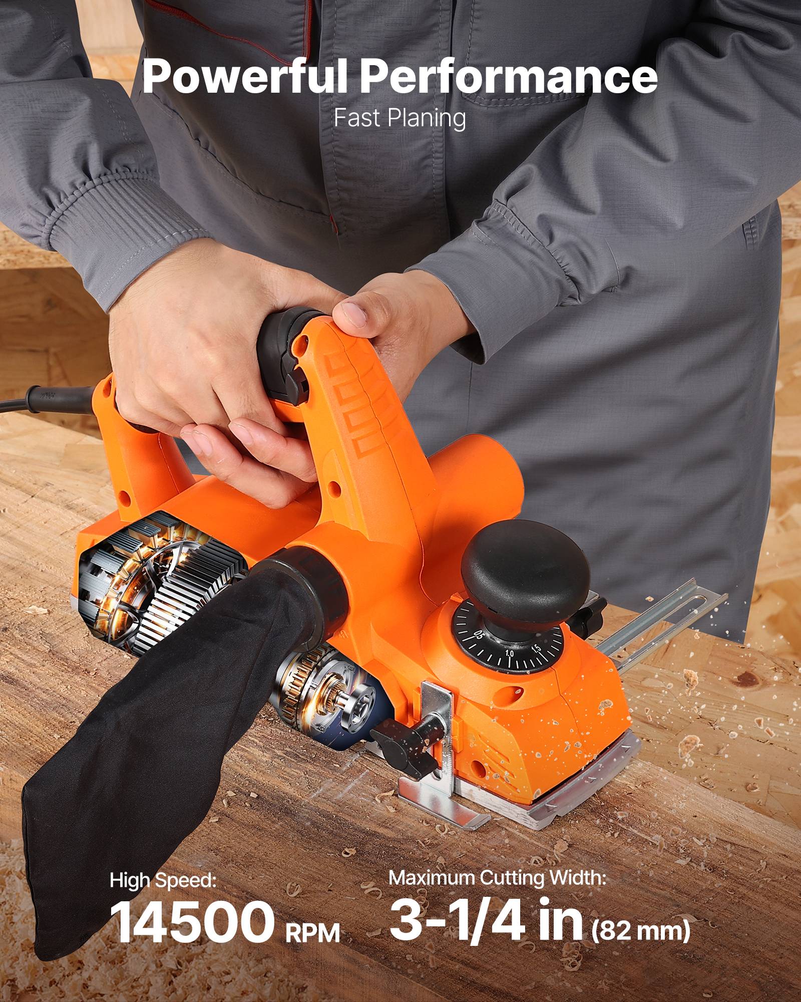 VEVOR Rabot Électrique Filaire Raboteuse à Bois à Main 82 mm 900 W 14500 tr/min - Image 2