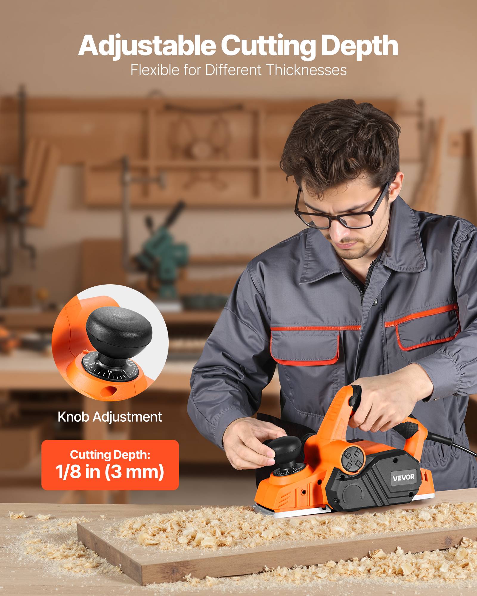 VEVOR Rabot Électrique Filaire Raboteuse à Bois à Main 82 mm 900 W 14500 tr/min - Image 4