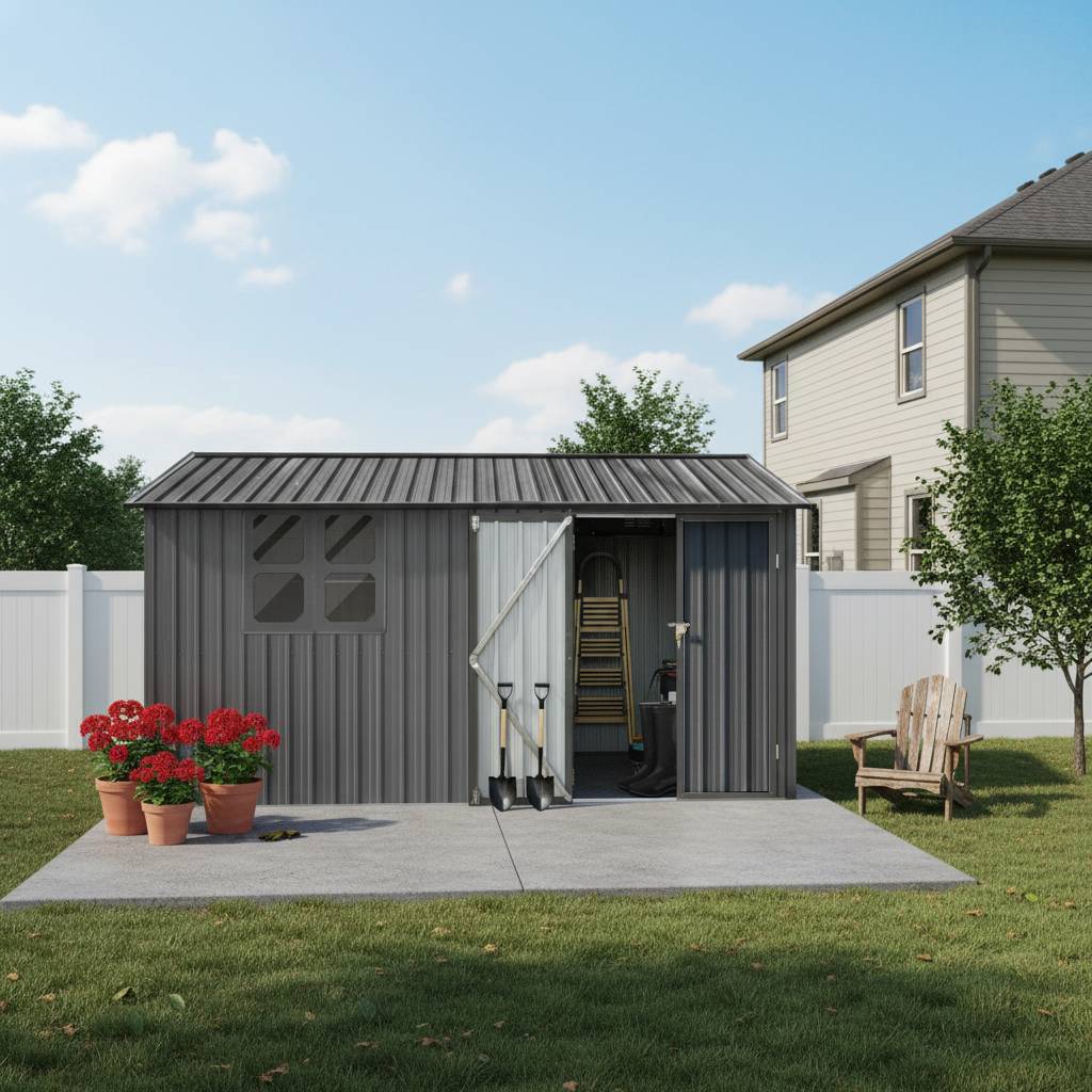 Abri de jardin en métal pour extérieur avec table pliante et étagères 10,3m² Gris - ComfortXL Outdoor Living - Image 1
