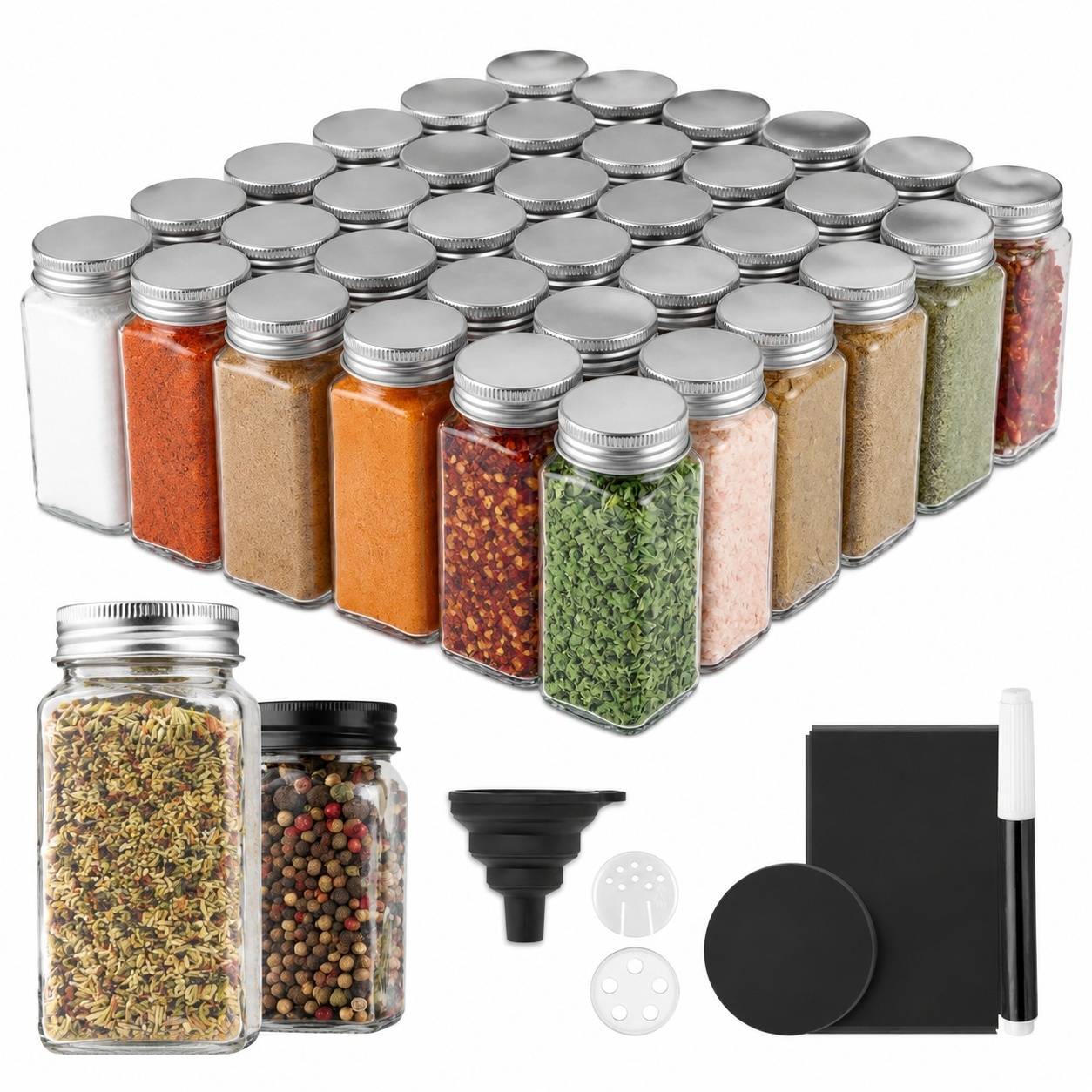 Set de 36 Pots à Épices en Verre Hermétiques avec Couvercles et Étiquettes - Image 1