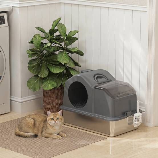 Sans Marque - Maison de Toilette pour Chat avec Couvercle Amovible et Fermé, Côtés Hauts, 60,5x40,5x45cm, Gris Foncé - Image 3