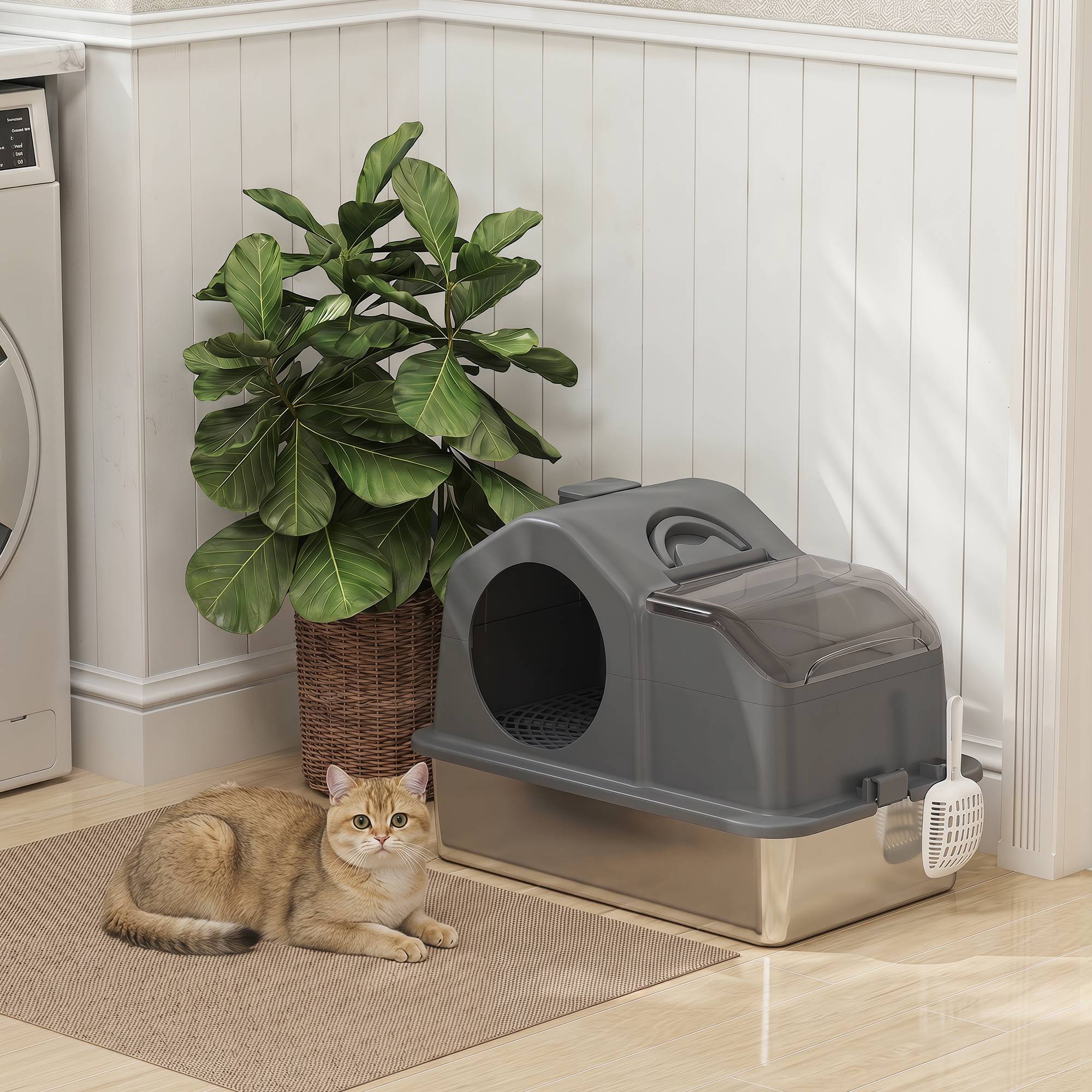 Sans Marque - Maison de Toilette pour Chat avec Couvercle Amovible et Fermé, Côtés Hauts, 60,5x40,5x45cm, Gris Foncé - Image 3