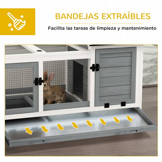 Cage à lapin à roulettes, toit à charnières et bac amovible pour une utilisation intérieure et extérieure, 108 x 58 x 73,5 cm, grise - Image 6