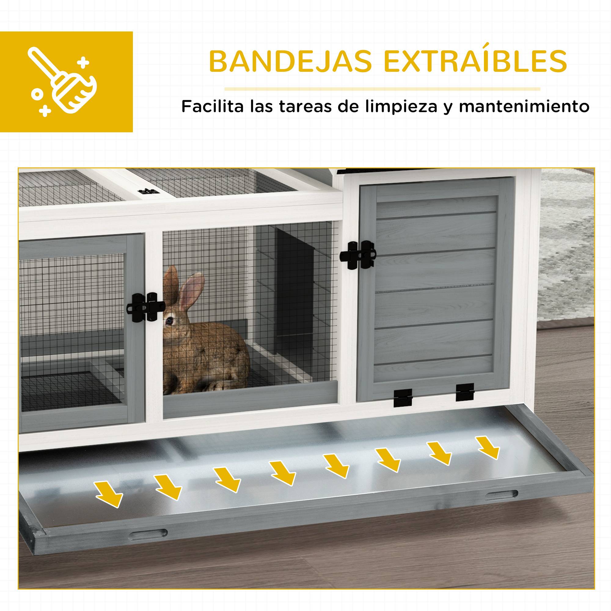 Cage à lapin à roulettes, toit à charnières et bac amovible pour une utilisation intérieure et extérieure, 108 x 58 x 73,5 cm, grise - Image 6