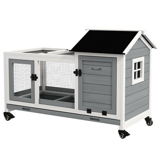 Cage à lapin à roulettes, toit à charnières et bac amovible pour une utilisation intérieure et extérieure, 108 x 58 x 73,5 cm, grise - Image 2