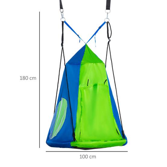 Balançoire ronde nid oiseau tente amovible Ø100 cm 4 anneaux métal Oxford haute densité époxy vert bleu - Image 5