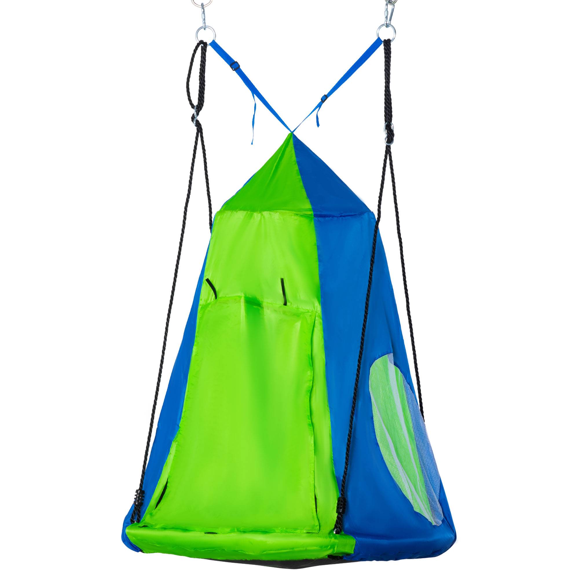 Balançoire ronde nid oiseau tente amovible Ø100 cm 4 anneaux métal Oxford haute densité époxy vert bleu - Image 2