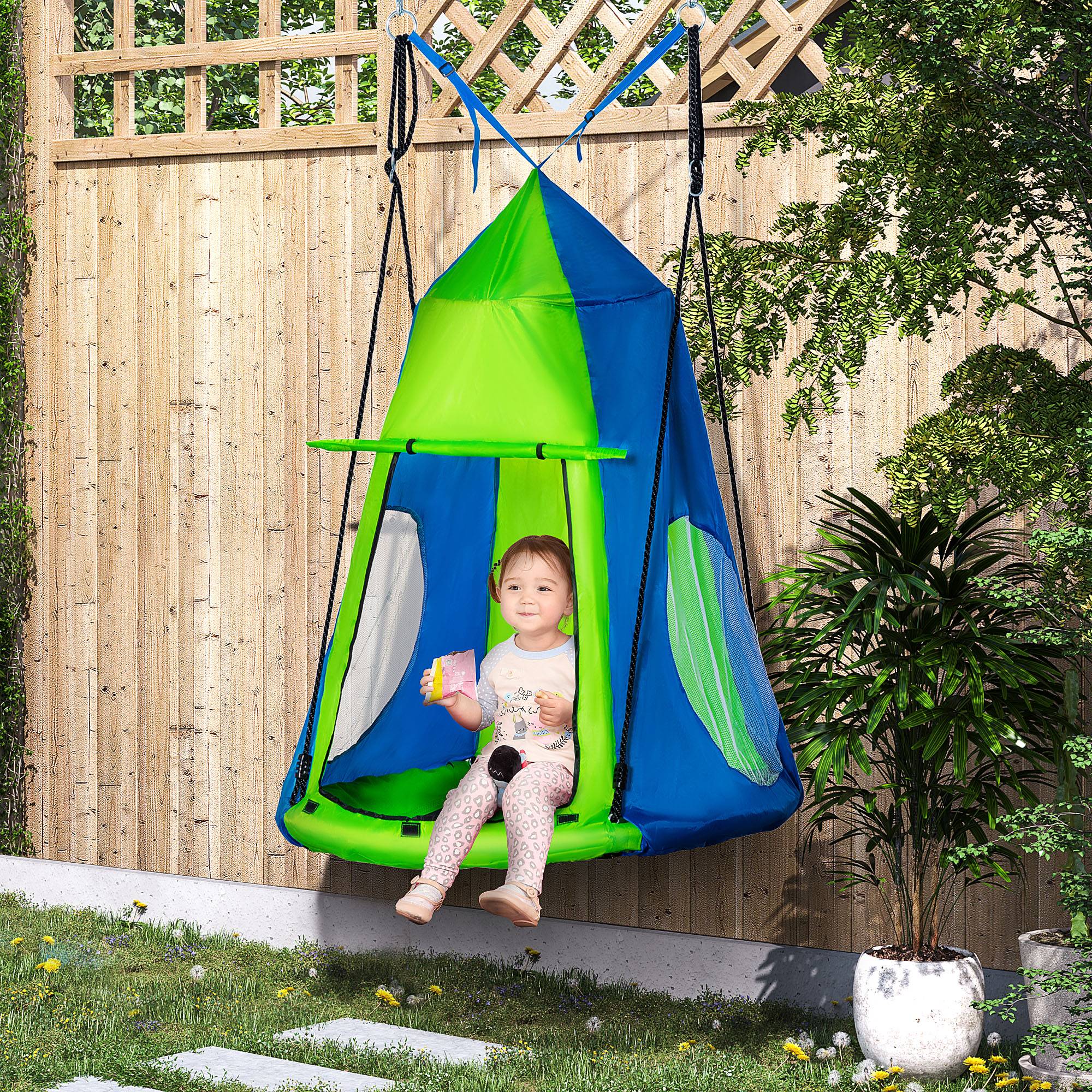 Balançoire ronde nid oiseau tente amovible Ø100 cm 4 anneaux métal Oxford haute densité époxy vert bleu - Image 3