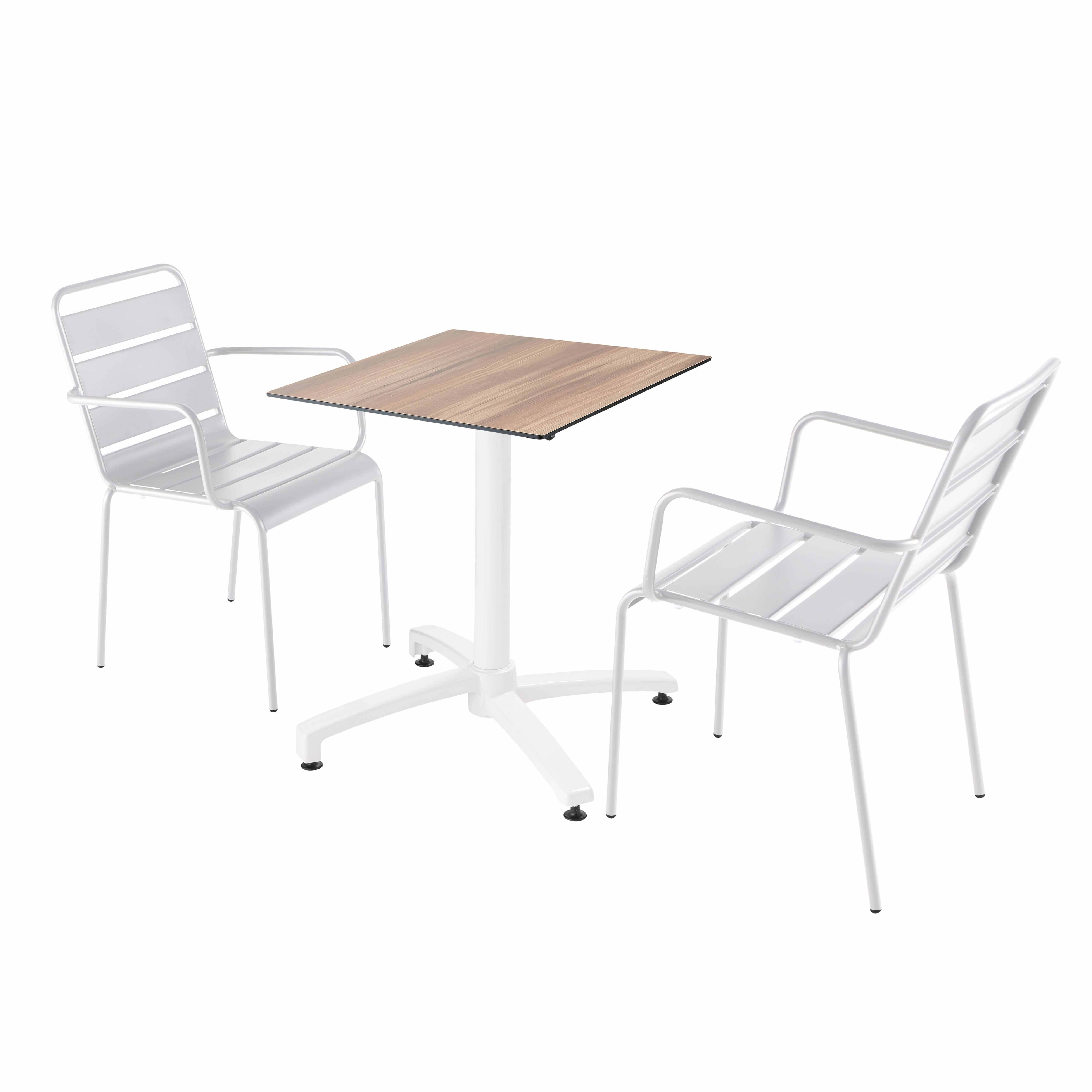 Oviala - Ensemble table de terrasse stratifié chêne foncé et 2 fauteuils blanc - Oviala - Image 1