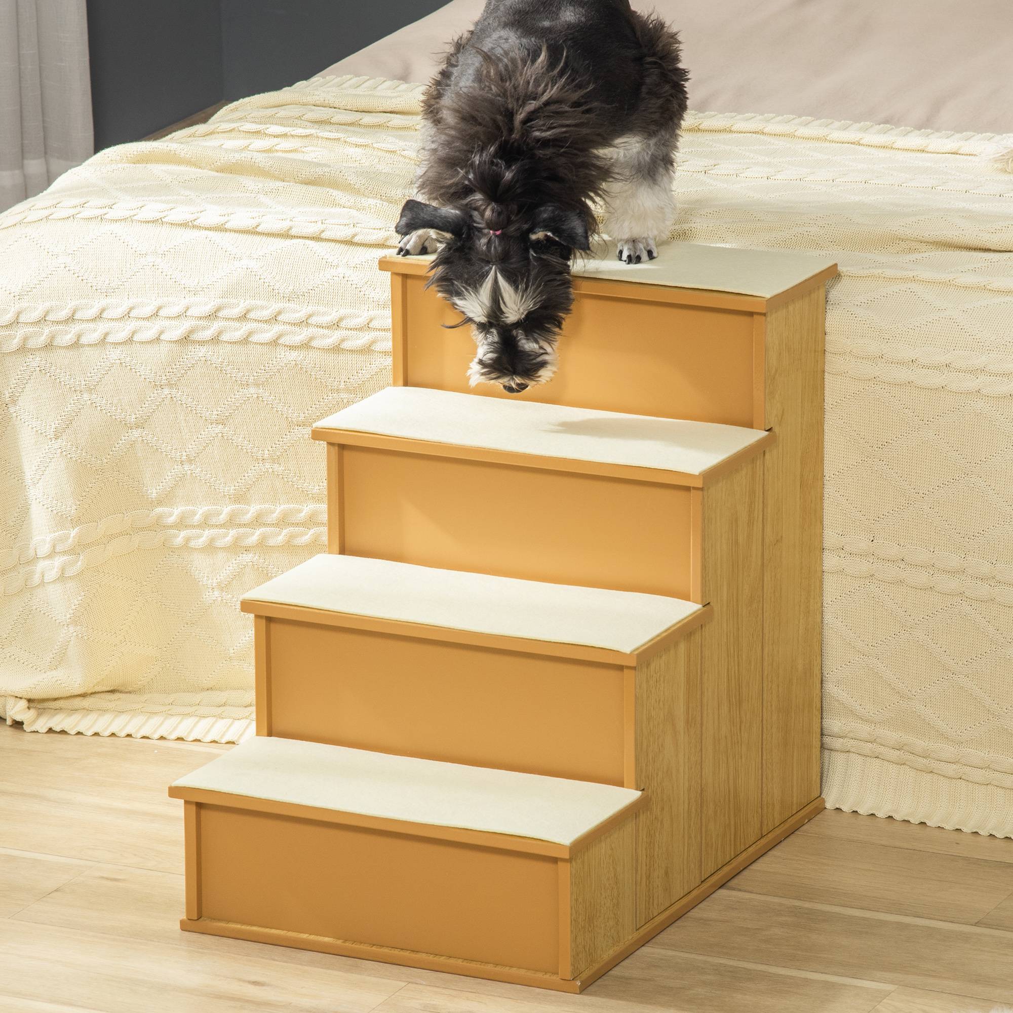 Escalier pour animaux, chiens/chats, 4 marches, peluche courte, jusqu'à 30 kg, 40x59x54,2cm, naturel - Image 3