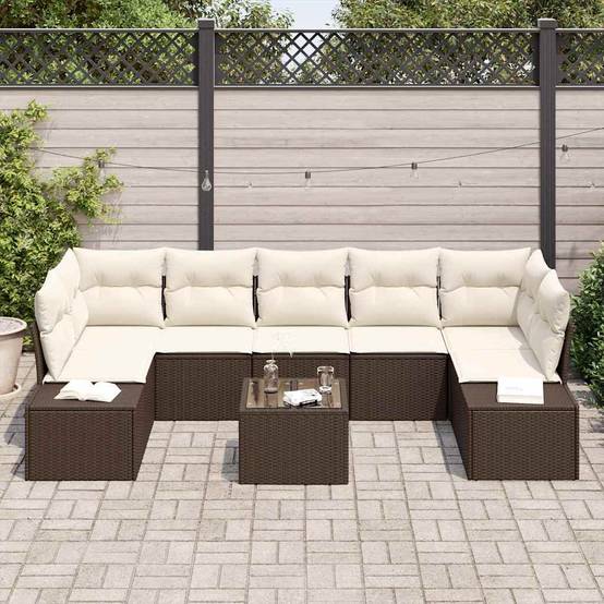 Ensemble Détente Terrasse 8 Éléments Polyrotin Table Relevable Repas Rangement Marron et Crème – ComfortXL Outdoor Living - Image 3