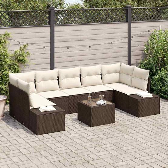 Ensemble Détente Terrasse 8 Éléments Polyrotin Table Relevable Repas Rangement Marron et Crème – ComfortXL Outdoor Living - Image 1