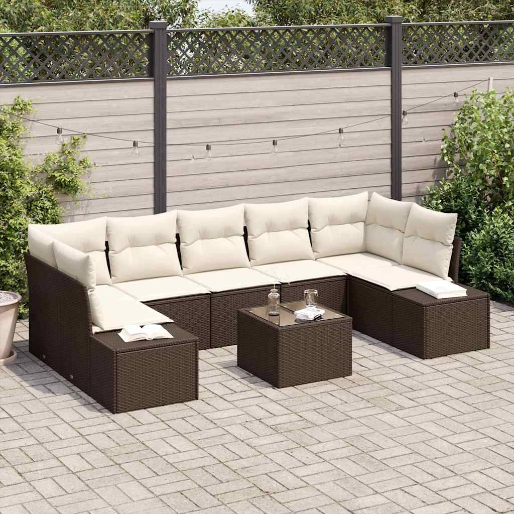 Ensemble Détente Terrasse 8 Éléments Polyrotin Table Relevable Repas Rangement Marron et Crème – ComfortXL Outdoor Living - Image 1